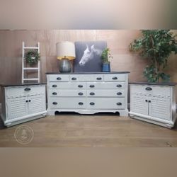 White Farmhouse Dresser & 2  Nightstands