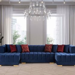 🚚Ask 👉Sectional, Sofa, Couch, Loveseat, Living Room Set, Ottoman,i. 

✔️In Stock 👉Ariana Blue Velvet Double Chaise Sectional w/ Red Pillows