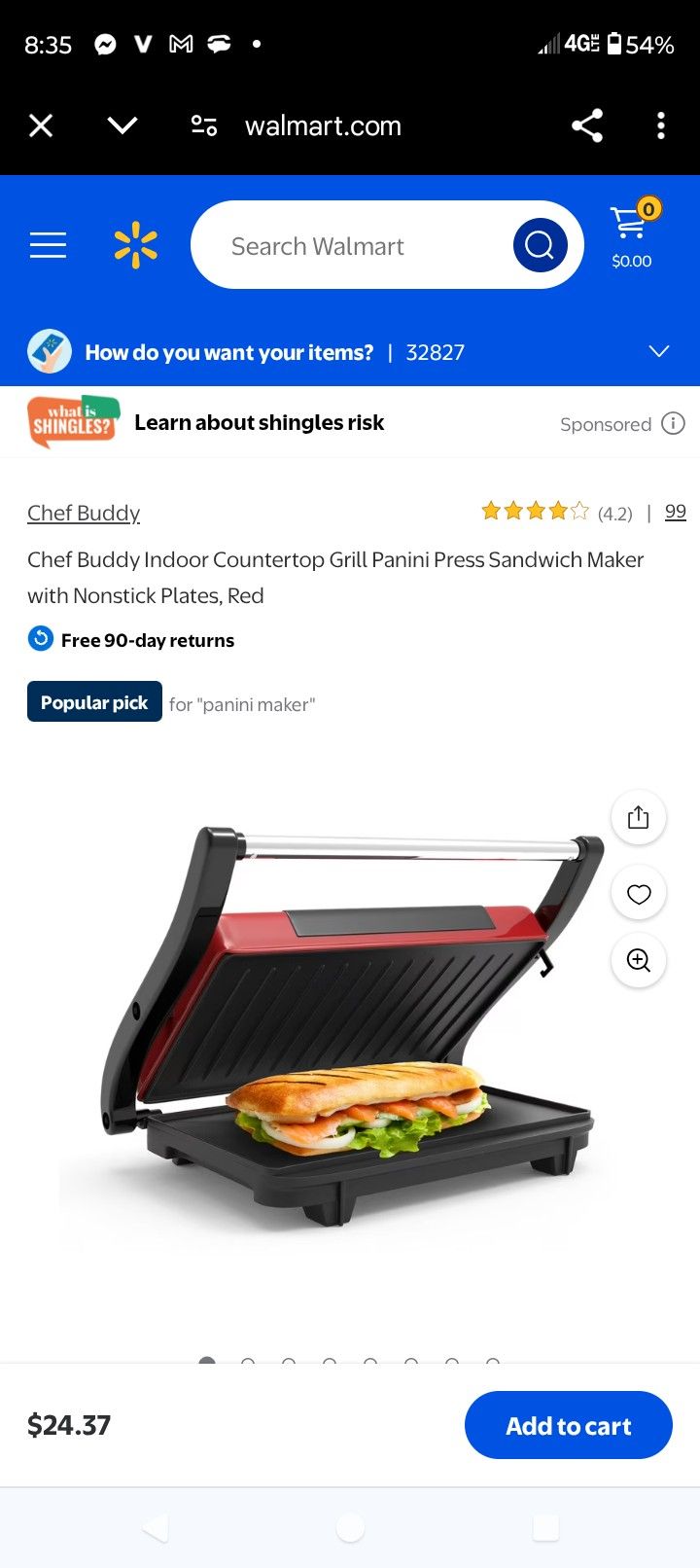 Chef Buddy Indoor Countertop Grill Panini Press Sandwich Maker with Nonstick Plates, Red Great Deal