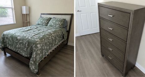 Full size bed with mattress box spring and dresser