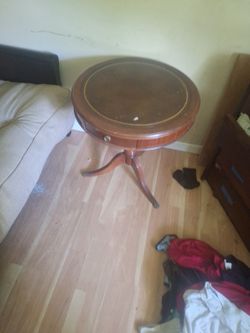 Antique Round Brown Wood & Leather Side Table, 2 Drawers, Single Pedestal, 32x28