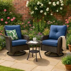 3Piece Wicker Patio Conversation Deep Seating Set with  Cushions All-Weather Swivel Rocking Chairs