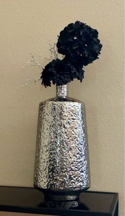 26" Modern Silver Textured Table Vase with Faux Floral Arrangement