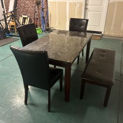 Marble-Top Dining Set w/ 2 Chairs + Bench