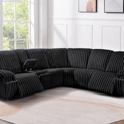 BRAND NEW CORDUROY POWER MOTION SECTIONAL WITH POWER CHARGING CONSOLE AND CUP HOLDER  IN BLACK, CREAM AND GRAY COLORS  ﻿ON SPECIAL RIGHT NOW