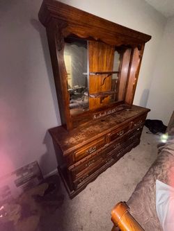 Wood Dresser with Mirror Hutch