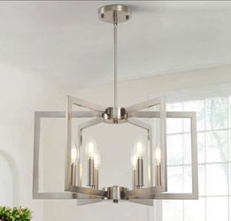 Sigaitwei 6-Light Modern Metal Geometric Chandelier，Kitchen Island Brushed Nickel Lighting Fixtures，Entryway Light Fixture Hanging Brushed Nickel，Farm