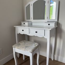 White Vanity Table with Mirror and Stool