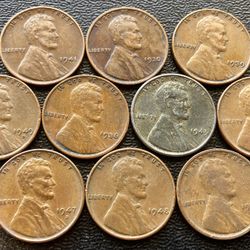 10 Vintage Wheat Cents 1930 To 1949 US Coins Steel 1943 WWII Pennies Penny