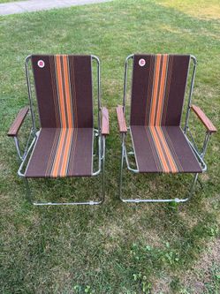 Vintage Airstream Zip Dee Brown Stripe Folding Chair set-Chrome w/one foot rest