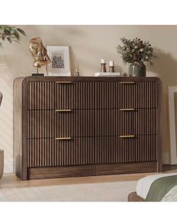 ❤️‍🔥 47" W Fluted 6-Drawer Dresser for Bedroom, Walnut Gold Handles,