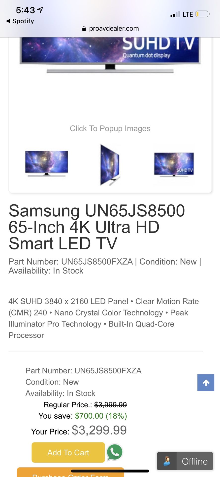 Samsung 65” Inch Ultra HD 4k Smart LED TV