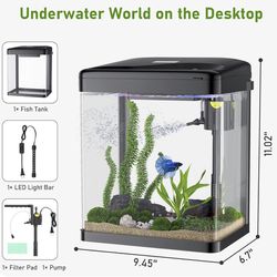 PONDON Betta Fish Tank, 2 Gallon Glass Aquarium, 3 in 1 Fish Tank with Filter and Light, Desktop Small Fish Tank for Betta Fish, Shrimp, Goldfish (Bla
