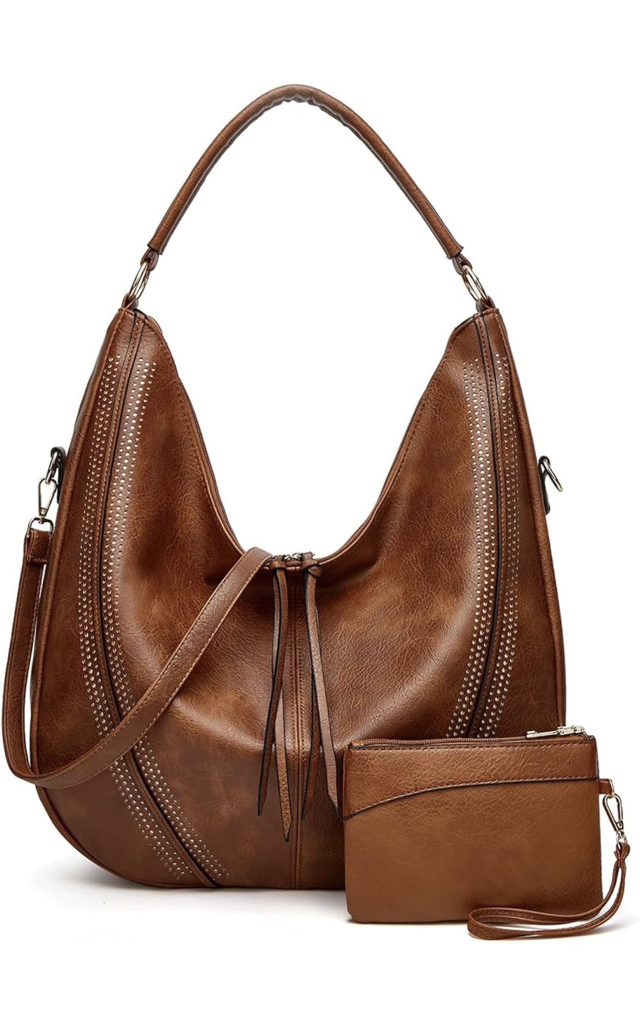 Hobo purses for Women Large Crossbody Bags Boho Satchel Bags with Tassel Ladies Leather Handbags with Crossbody Strap 2PC Brown C