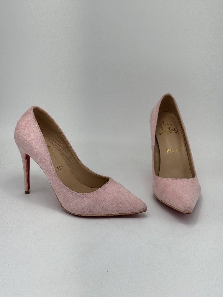 Christian Louboutin Pink Suede High Heels Pumps Pointed Toe Beige Leather inner red bottoms soles