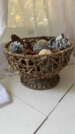 Boho Decor - Woven Basket w/ Pine Cones
