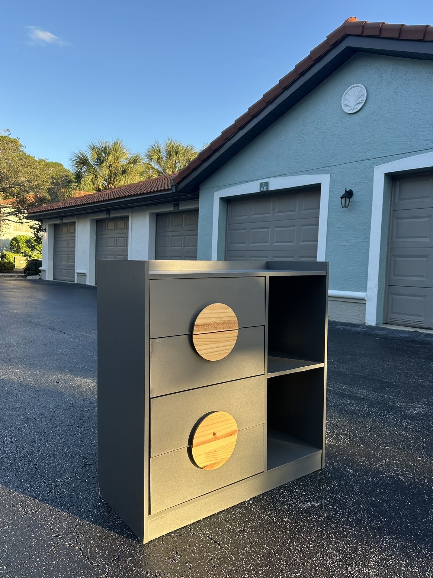 Modern Gray Cabinet w/ Wood Handles – 4 Drawers + Shelves