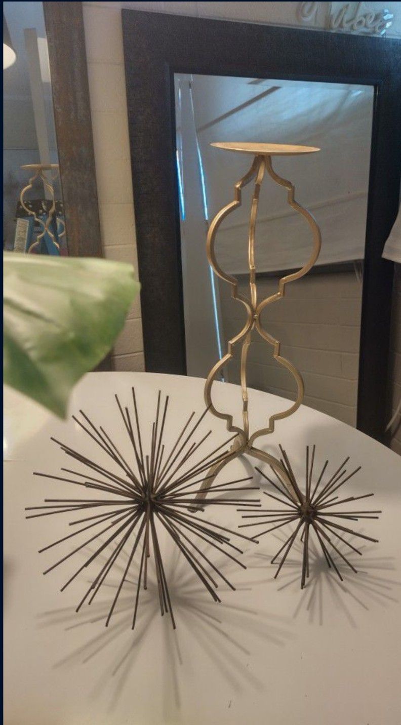 MCM Sputnik Metal Decor Pieces  & Gold Pillar Candle  Holder