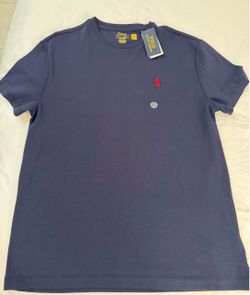 This is a navy blue Polo Ralph Lauren classic-fit crewneck t-shirt featuring a red embroidered pony logo on the chest. Size SMALL