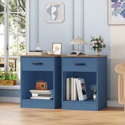 2pcs 2-Tier Nightstand with Drawer, Side Table for Bedroom Living Room Set of 2, Blue