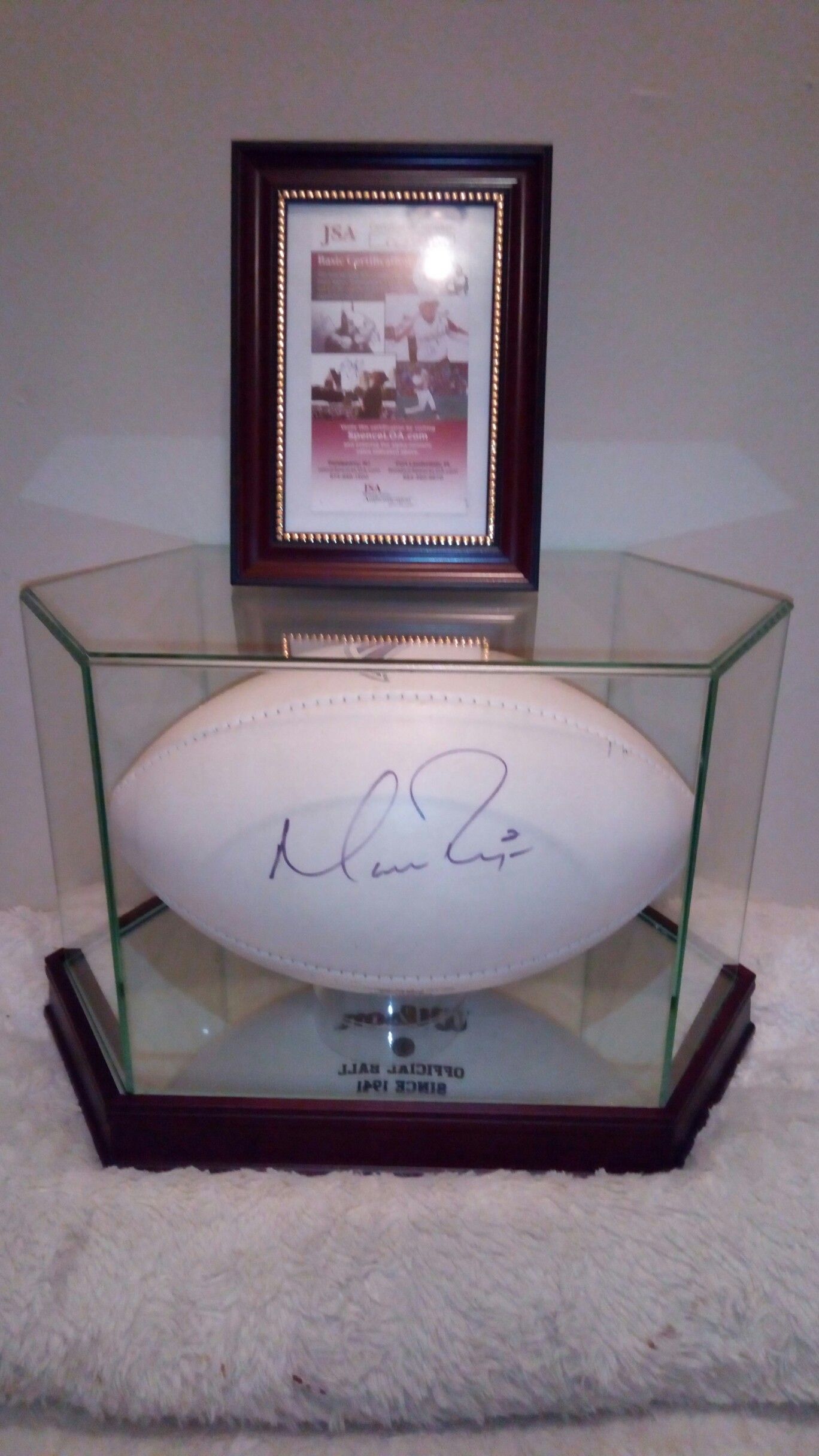 Authentic hand sighed Matt Ryan football in mirrored display case with JSA certificate of authenticity