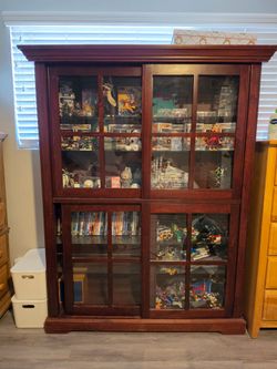 Large Wooden Display Cabinet / Bookcase with Sliding Glass Doors