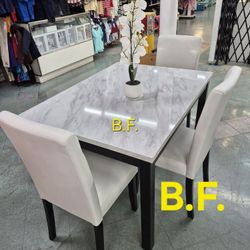 ♻️  Mesa de Comedor, Mesa, 3 sillas y 1 Banca, Top Faux Marble, Sillas Tapizadas Leather