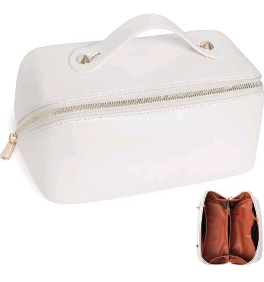 NEW Leather Travel Makeup Bag that opens flat for Easy Access, Large opening
