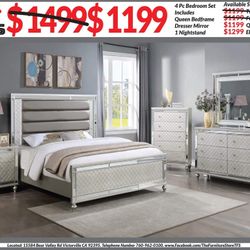 4pc Bedroom Set $1199 Queen $1299 Eastern King Includes bedframe Dresser mirror nightstand Silver Mirrored Bedroom Set