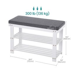SONGMICS 28.3" Bamboo Shoe Bench 3-Tier Shoe Rack w/ Cushion - Cloud White / Slate Gray