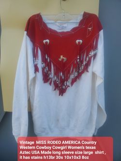 Vintage  MISS RODEO AMERICA Country Western Cowboy Cowgirl Women’s texas  Aztec USA Made long sleeve size large  shirt , it has stains h13br 30s 10x10