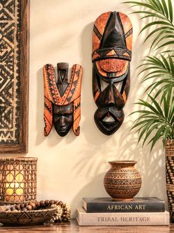 Vintage Hand Carved African Wood Masks Set of 2 Folk Art Wall Decor