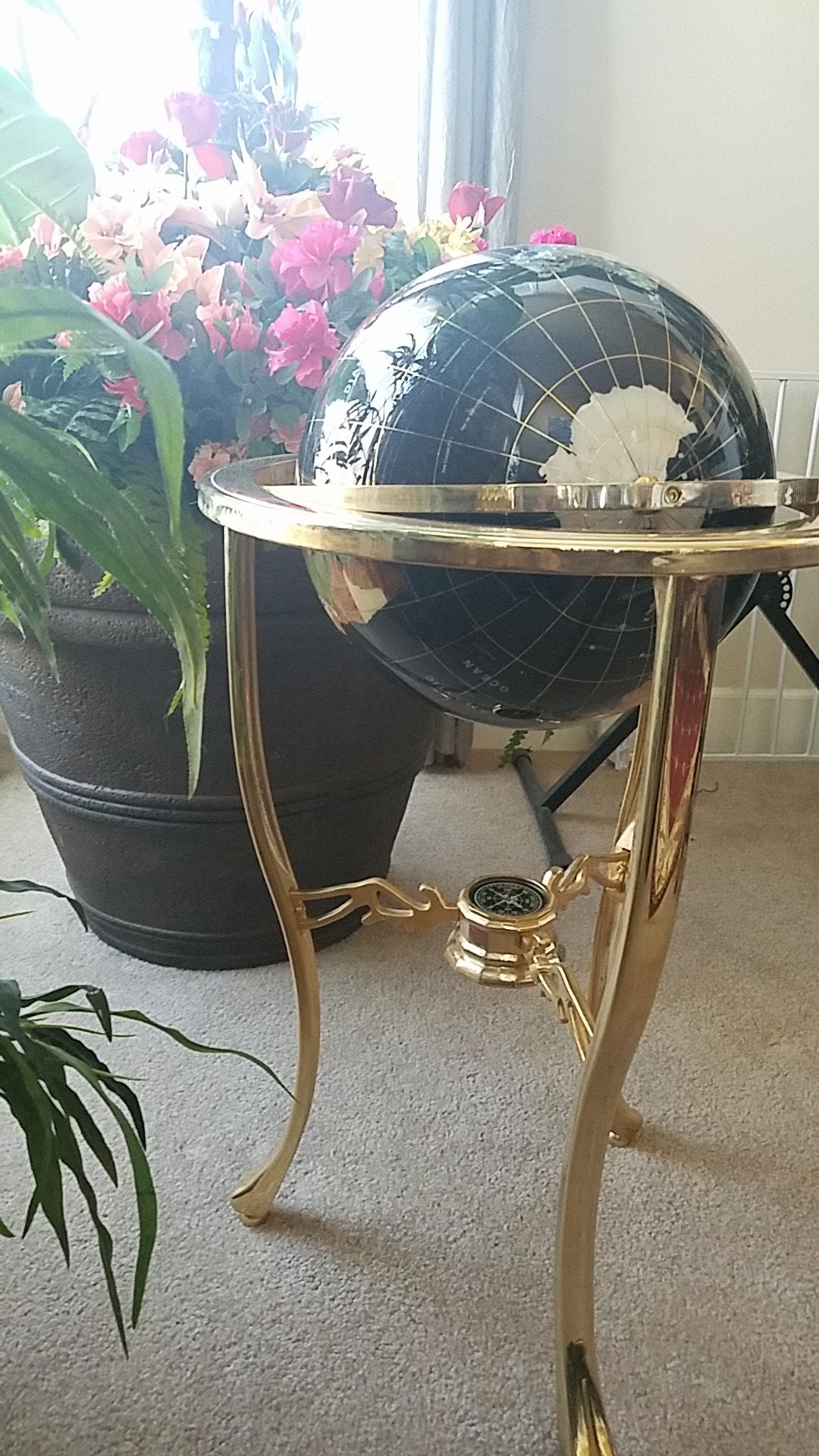 Globe Floor Standing Blue Lapis Gemstone World Globe Gold Tripod