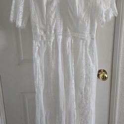 Women's Lace Maxi Dress, V Neck Floral Lace, Boho Long Dress for Wedding, White