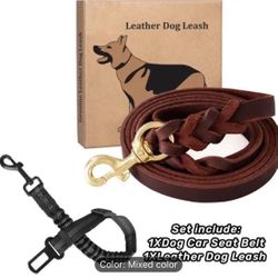 5ft Leather Dog Leash And Seat Belt . 
