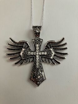 Large Silver Tone Metal Rhinestone FEATHER WING CROSS Pendant Necklace - Religious Jewelry