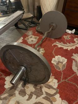 45 lbs pound Olympic weight plates and Olympic curl bar