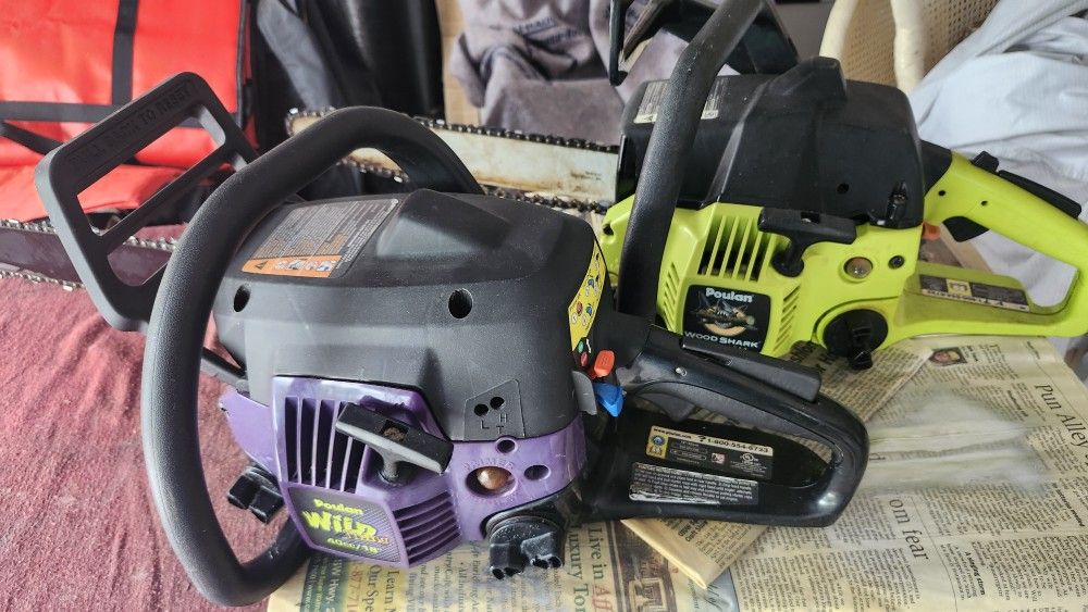 2- 18" Poulan Chainsaws. Wild Thing And Wood Shark. (just need bubbles and fuel lines) Includes 1 New Chain.