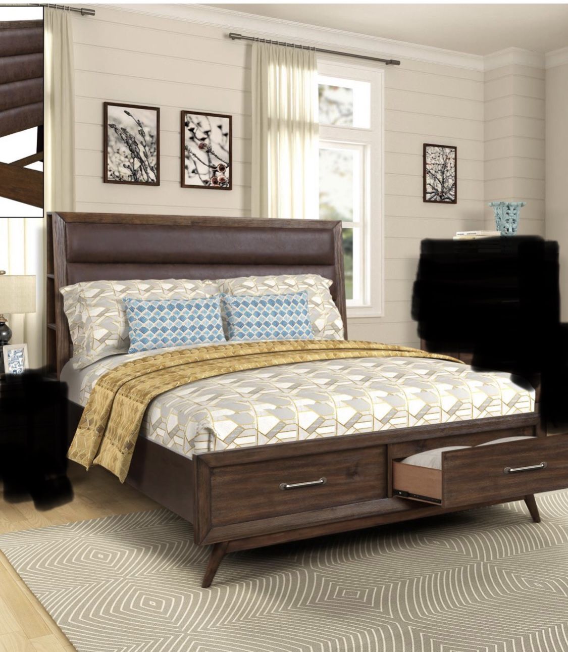 New king storage bed with storage and display space .