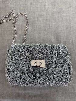 Metallic silver fluffy knit shoulder bag