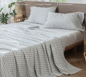New Queen Size MooMee Gingham Sheet Set 100% Washed Cotton Linen Like Textured Breathable Soft