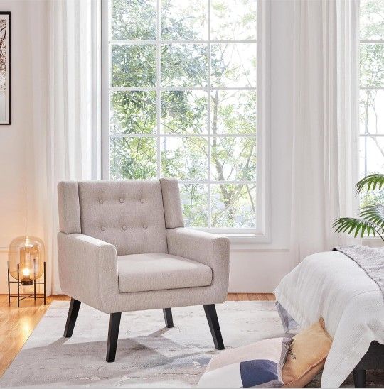 Fabric Sofa Chairs for Living Room Bedroom, Mid-Century Comfy Reading Chair, Beige