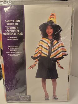 Candy Corn Witch Kit, which is a child's Halloween costume One size fits most children up to child size 14