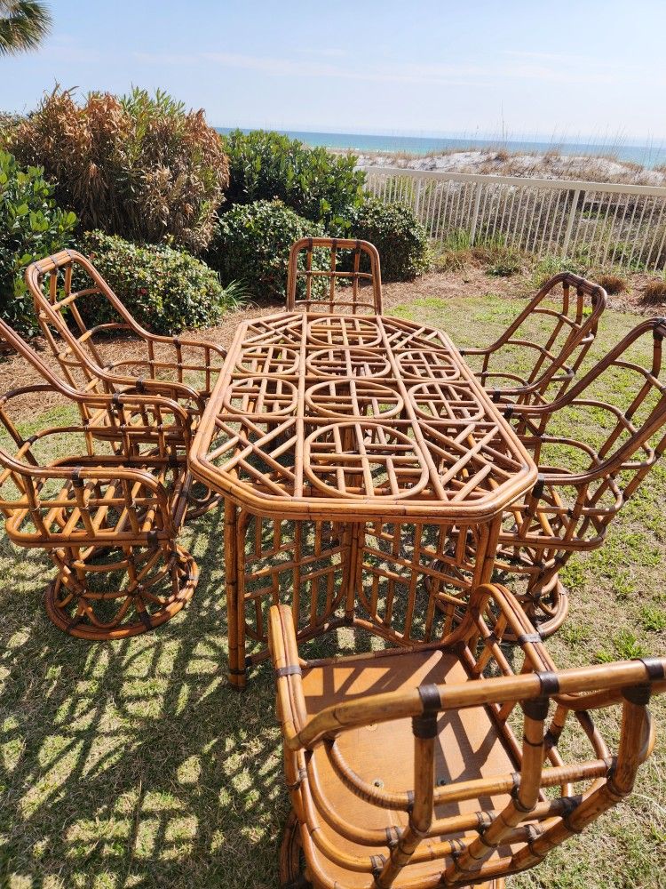 1960s Bamboo Rattan Palm Beach Regency Table 6 Chairs 2 Swivel MCM Grandmillenial