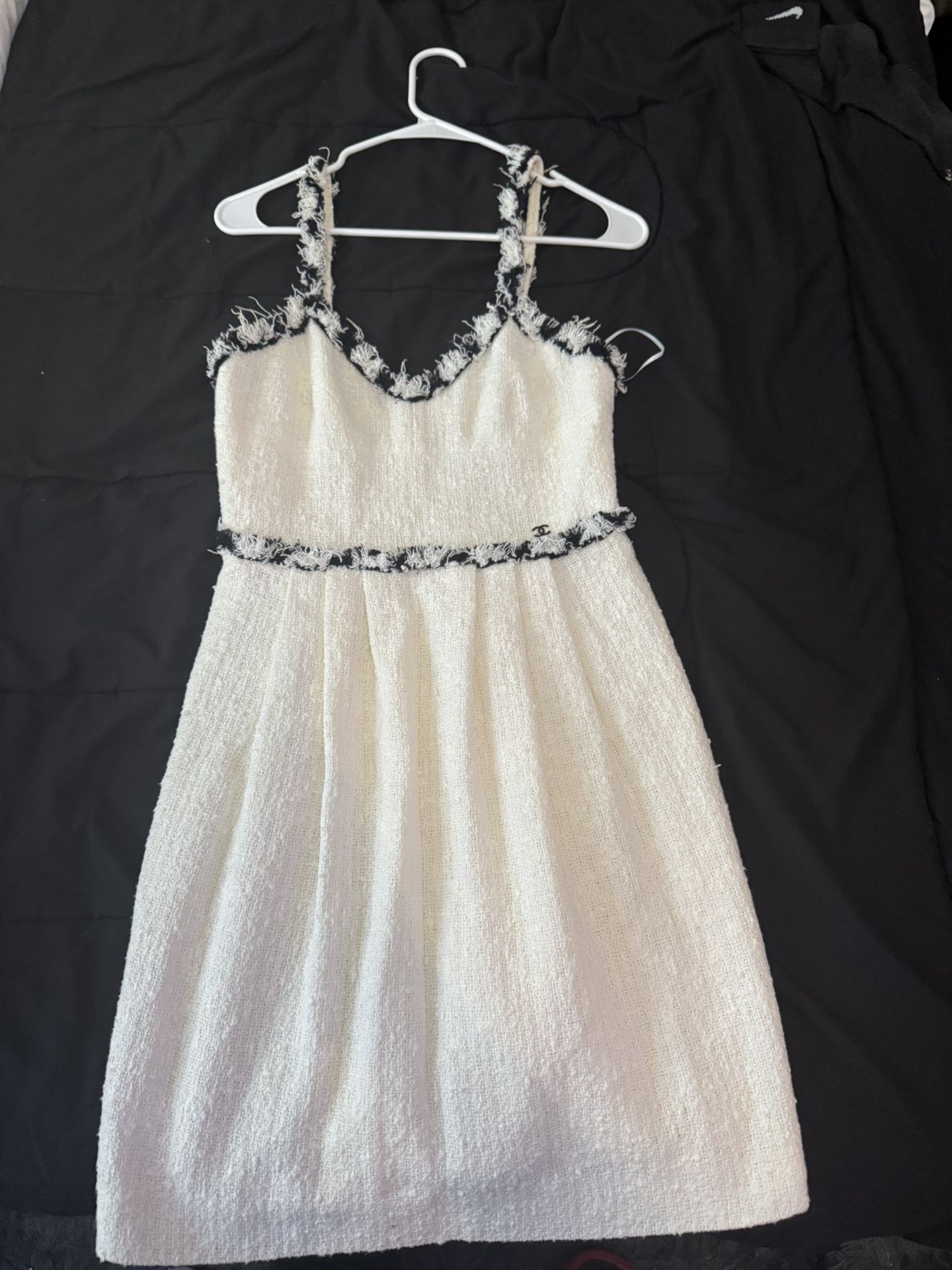 Channel Tweed Dress Fringe Off White Made In France Women size 38