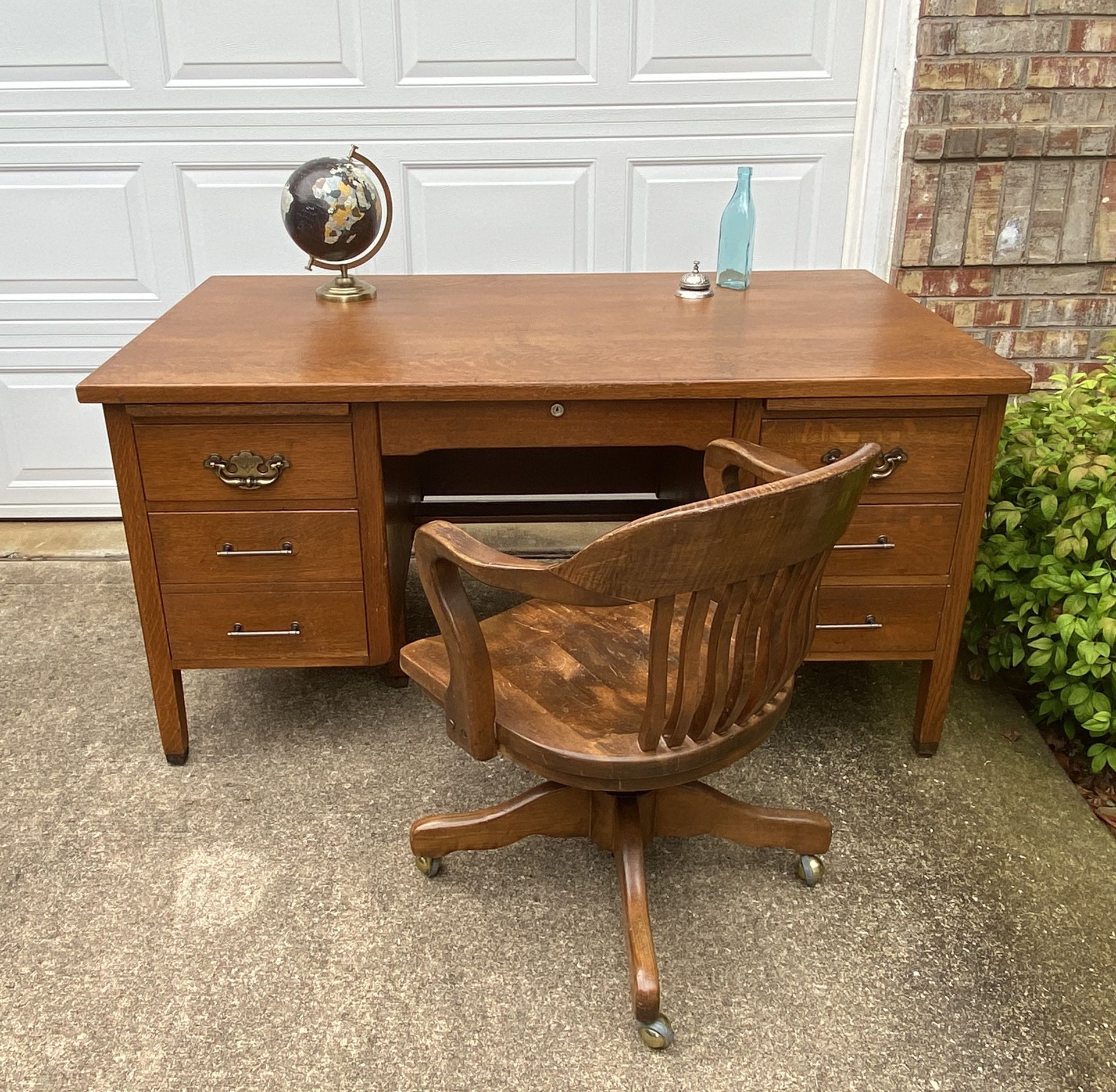 Vintage heavy duty wood desk and rolling chair