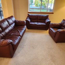 Three Piece Sofa Couch Set 6 Person Maroon Faux Leather Loveseat Armchair