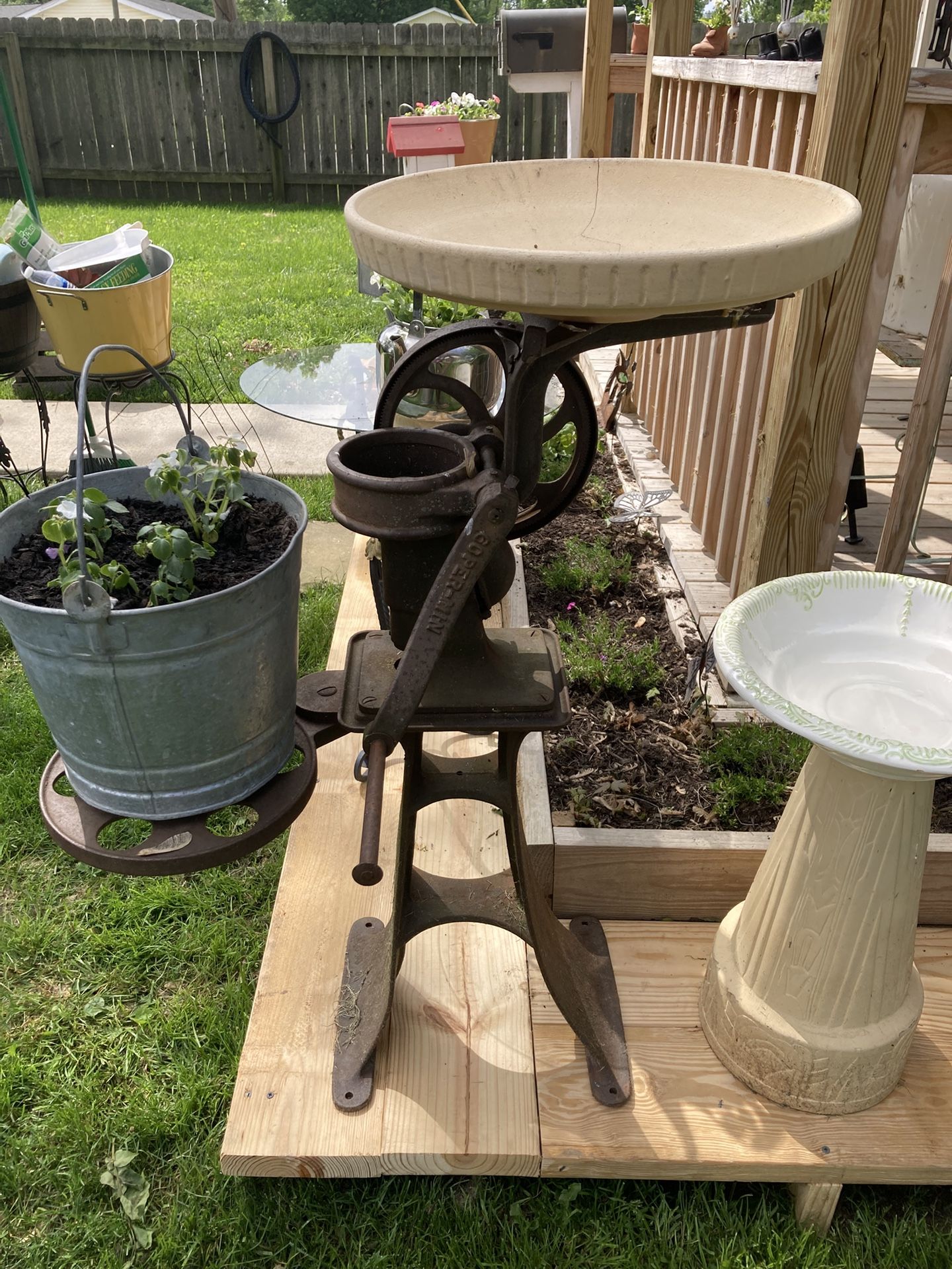 Antique Cast Iron Cream Separator with bowl. Birdbath for your garden