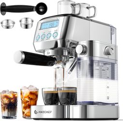 Espresso Machine with Upgraded Automatic Milk Frother, 20 Bar Cappuccino Machines with LCD Display for Home Gifts, Latte Coffee Maker with Dual Wall &