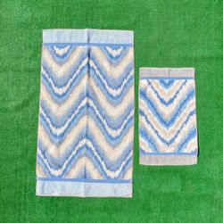 VTG JCPenny Color Forum 1980s Ice Blue Flamestitch Hand & Body 2Pc Towel Set EUC